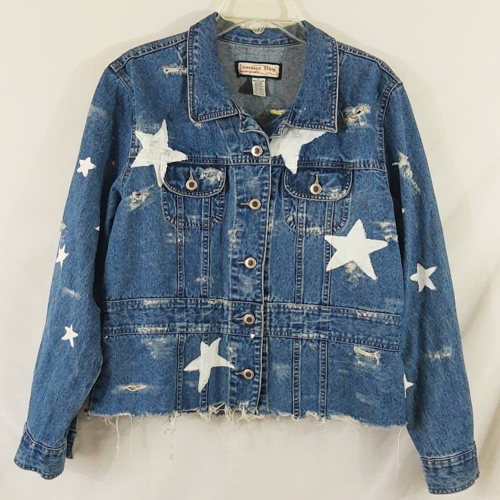 Jamaica Bay Painted Distressed Cropped Denim Jacket Size Large